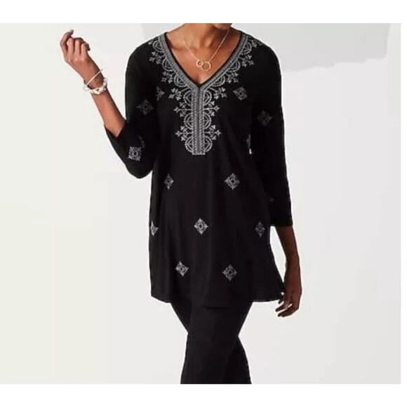 J. Jill Tops - J Jill Embroidered Soft Knit Tunic M Medium Black Top Blouse Boho Relax Fit